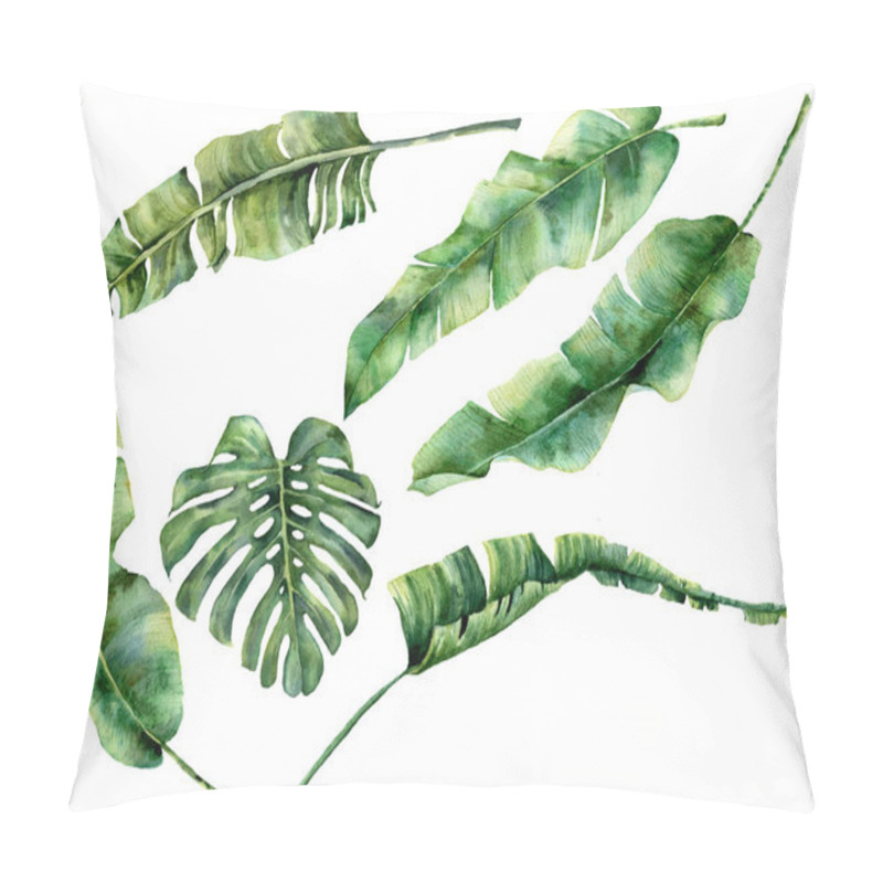 Personality  Watercolor Set With Juicy Tropical Tree Leaves. Hand Painted Monstera, Banana And Palm Greenery Exotic Branch On White Background. Botanical Illustration For Design, Fabric, Print Or Background. Pillow Covers