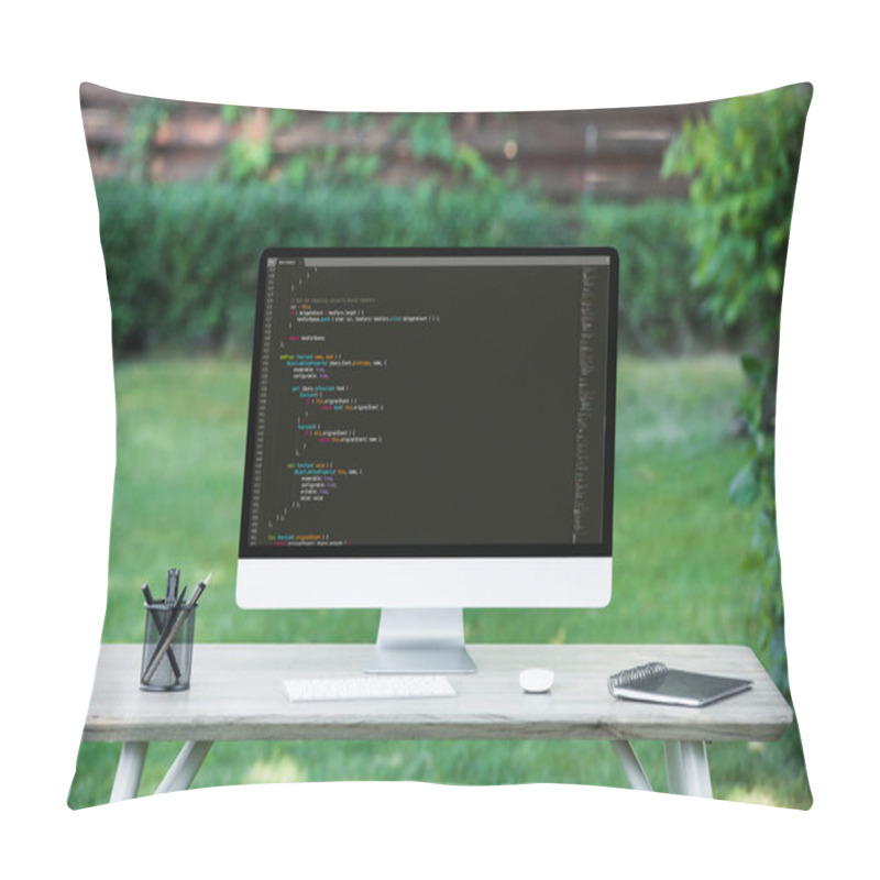 Personality  Selective Focus Of Computer Monitor With  Programming Language Code At Table Outdoors  Pillow Covers