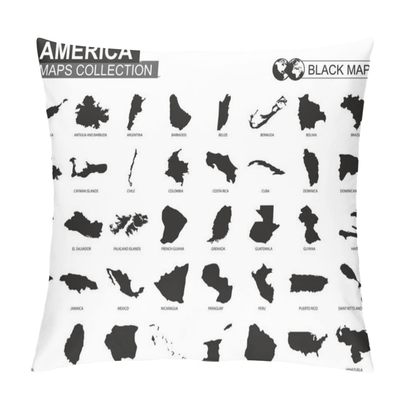 Personality  Maps Collection Countries Of America, Black Contour Maps Of America. Vector Set. Pillow Covers