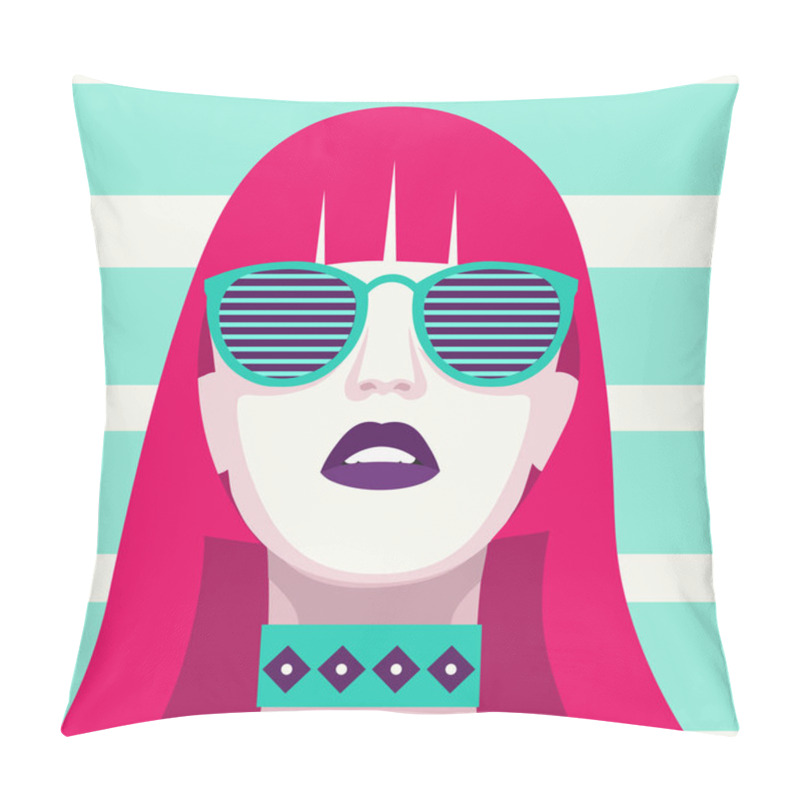 Personality  Fashion Woman With Sunglasses . Art Portrait.  Flat Design. Pillow Covers