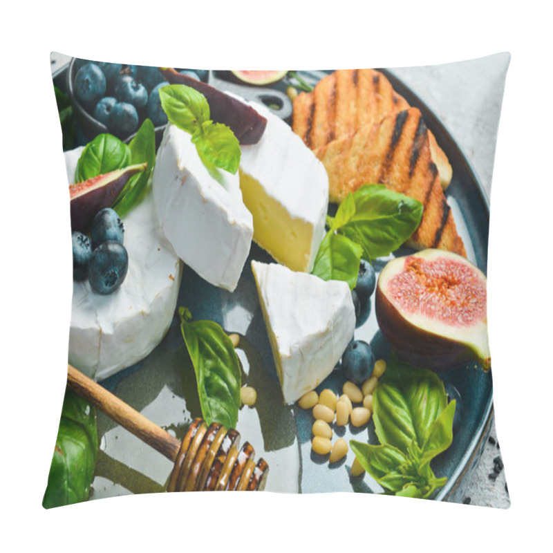 Personality  Brie Cheese, With Honey And Figs, Side View. On A Concrete Background. Pillow Covers