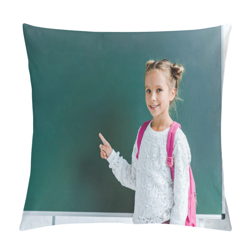 Personality  Cheerful Kid Smiling While Pointing With Finger At Green Chalkboard  Pillow Covers