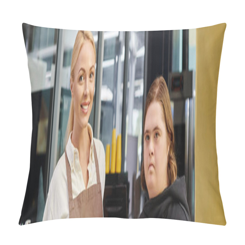 Personality  Happy Cafe Administrator Smiling Near Young Woman With Mental Disability, Horizontal Banner Pillow Covers