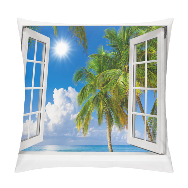 Personality  View From An Open Window To A Tropical Landscape. Beach Sand Sea Palm Trees Pillow Covers