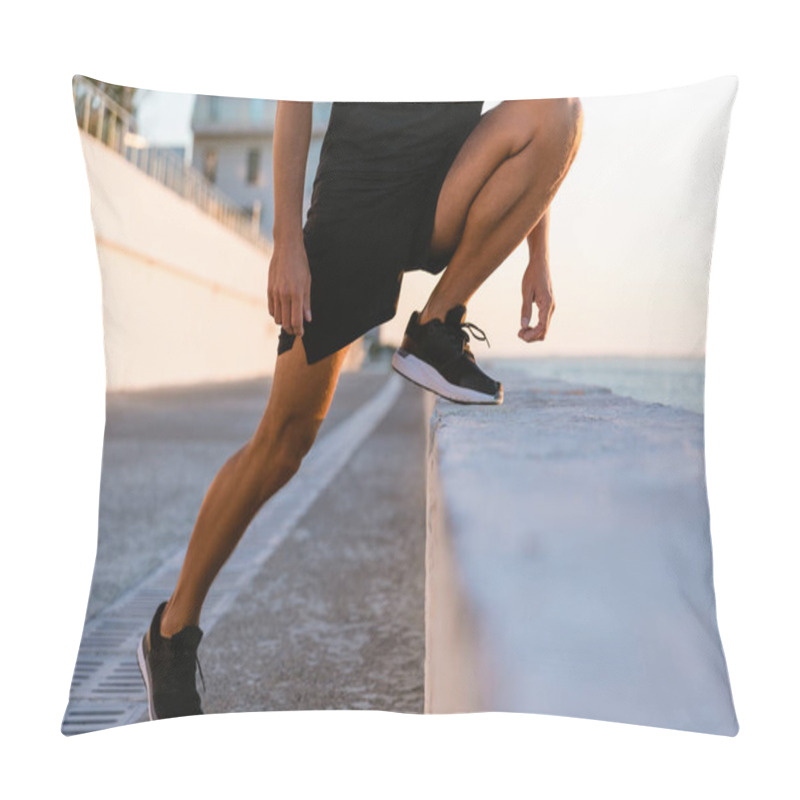 Personality  Cropped Shot Of Sportsman Stretching Before Training On Seashore Pillow Covers