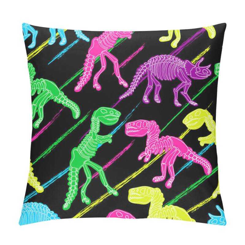 Personality  Dinosaur Skeleton. Vector Seamless Pattern. Original Design With Dinosaur Bones. Print For T-shirts, Textiles, Web. Black Background. Pillow Covers