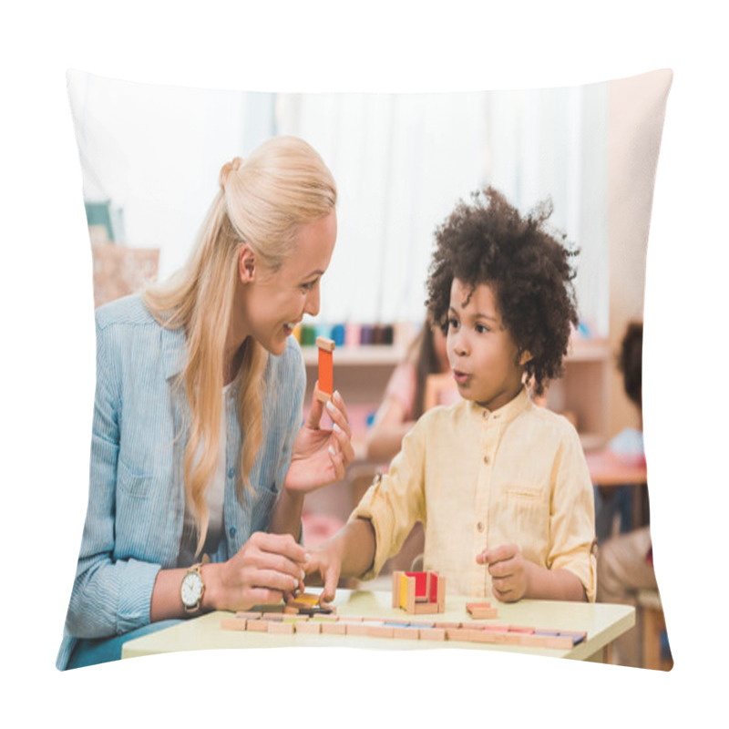 Personality  African American Child Playing Educational Game With Smiling Teacher In Montessori School Pillow Covers