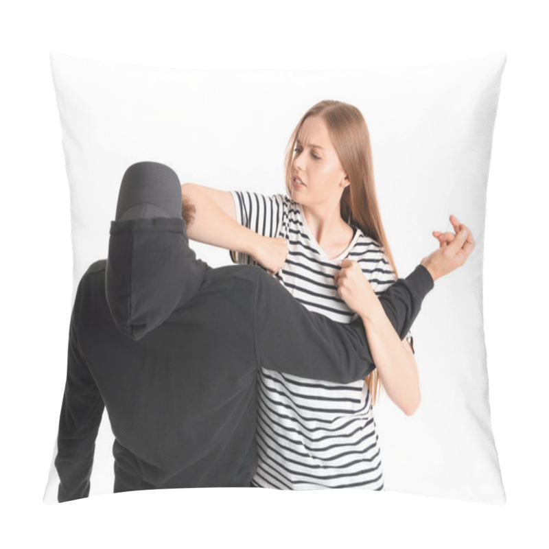 Personality  Young Woman Defending Herself Against Robber On White Background Pillow Covers