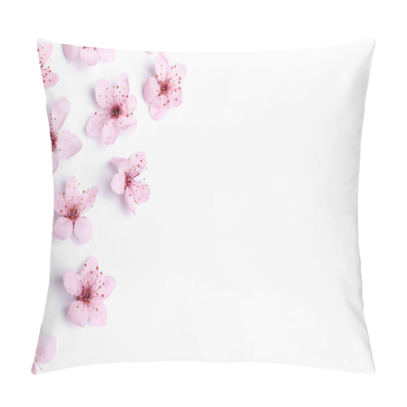 Personality  Beautiful Spring Tree Blossoms As Border On White Background, Top View. Space For Text Pillow Covers