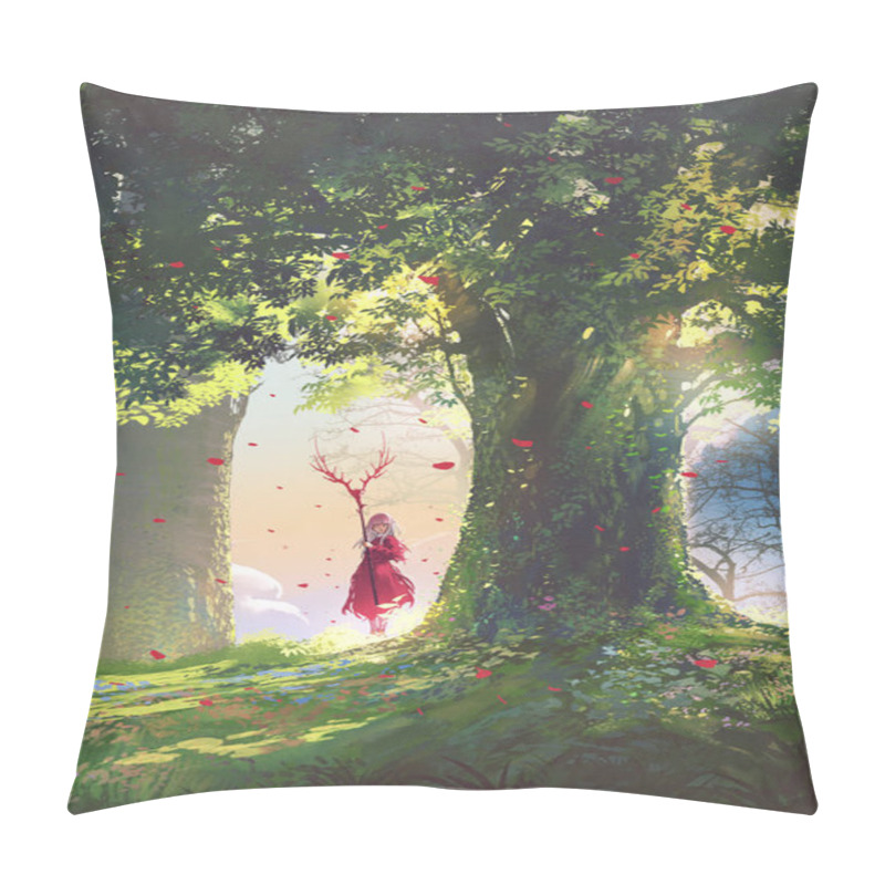 Personality  A Woman In Red Holding A Horned Spear Standing Next To A Large Tree, Digital Art Style, Illustration Painting  Pillow Covers