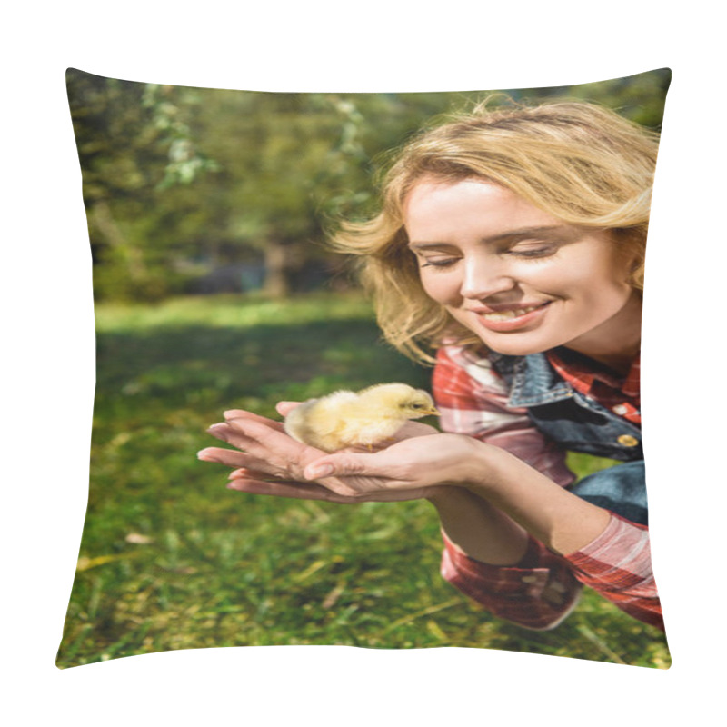 Personality  Attractive Woman Holding Adorable Yellow Baby Chick Outdoors  Pillow Covers