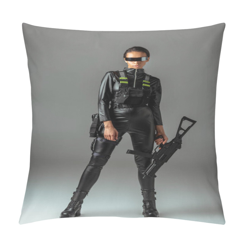 Personality  Futuristic African American Woman In Glasses With Assault Rifle On Grey Pillow Covers