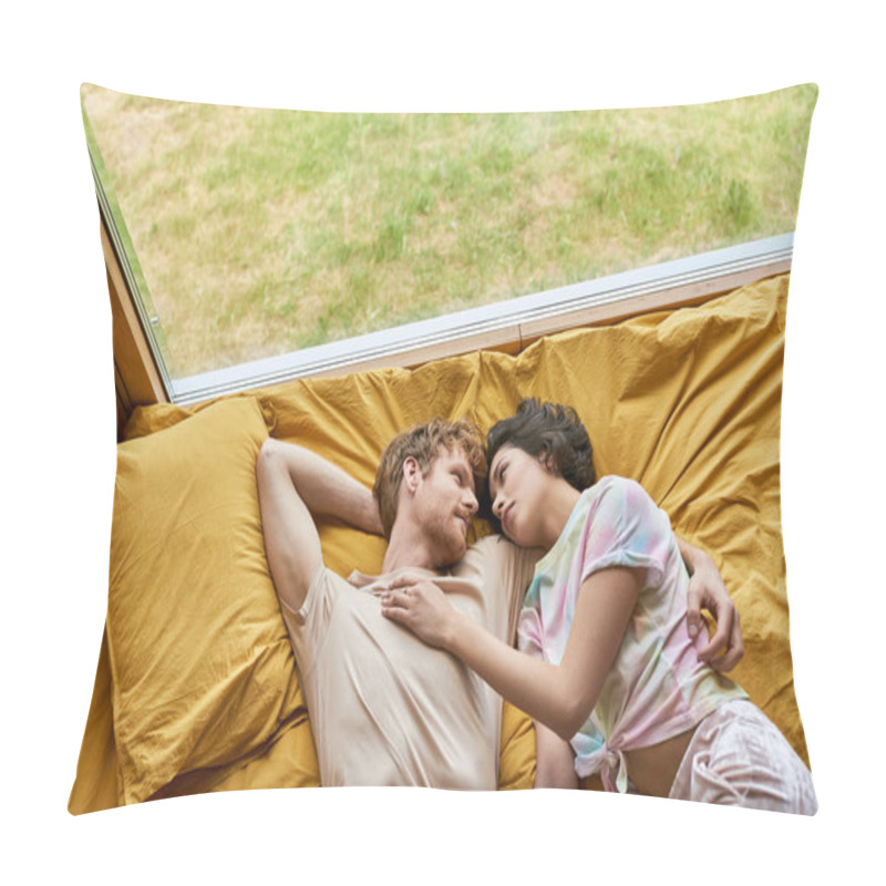 Personality  Top View Of Redhead Man Hugging Asian Girlfriend While Lying Together On Yellow Bedding At Home Pillow Covers