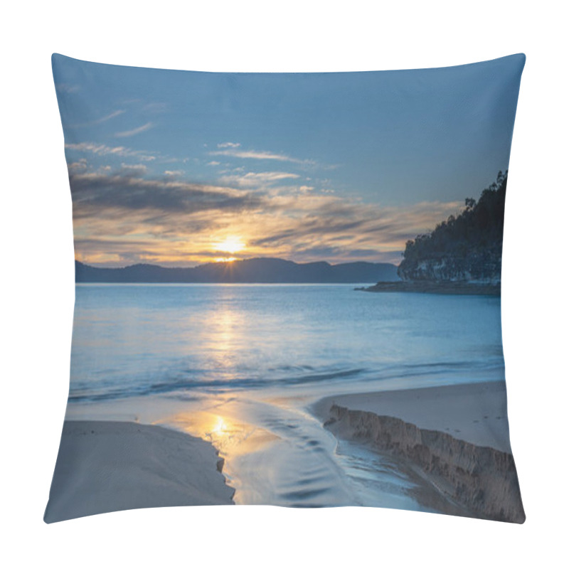 Personality  Calm Seas And Soft Streaky Clouds Greeted Sunrise With Water Trickling From The Lagoon Back Into The Sea At Pearl Beach On The Central Coast, NSW, Australia. Pillow Covers