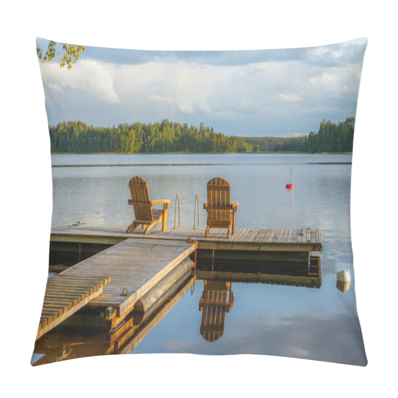 Personality  Two Wooden Chairs At Sunset On A Pier On The Shores Of The Calm  Pillow Covers