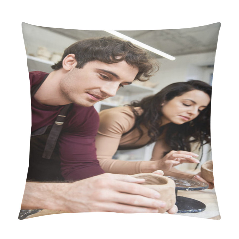 Personality  A Loving Couple Enjoys Molding Clay In A Contemporary Pottery Studio. Pillow Covers