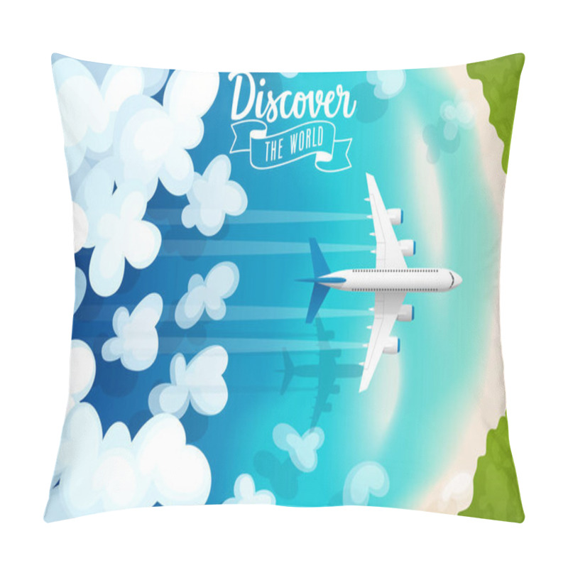 Personality  Passenger Plane Flying Above Clouds And Tropical Beach, Travel Poster. Pillow Covers