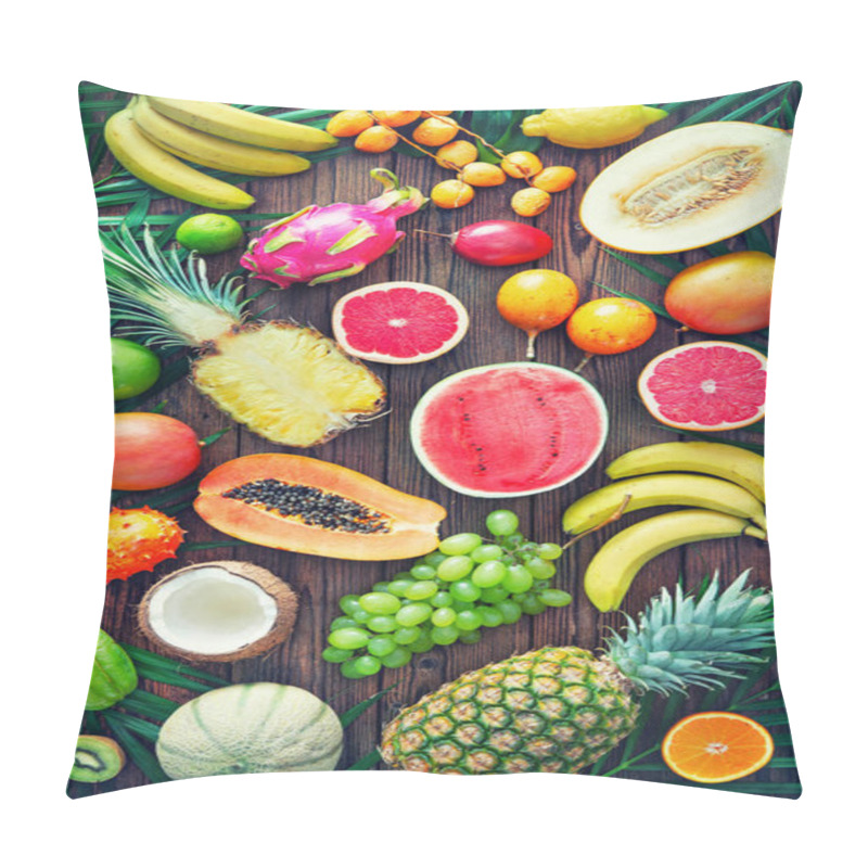 Personality  Assortment Of Tropical Fruits With Leaves Of Palm Trees And Exotic Plants On Dark Wooden Background. Top View Pillow Covers