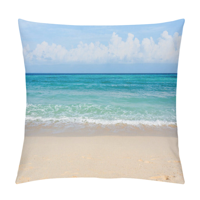 Personality  Sandy Beach With Rolling Calm Wave Of Ocean On Sunny Day On Background White Clouds In Blue Sky Pillow Covers