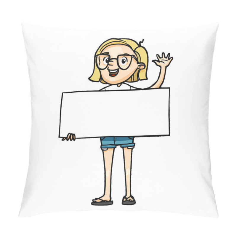 Personality  Smiling Cartoon Girl Holding A Blank Board And Greeting. Vector  Isolated Hand Drawn Character With Empty White Banner For Inscription Pillow Covers