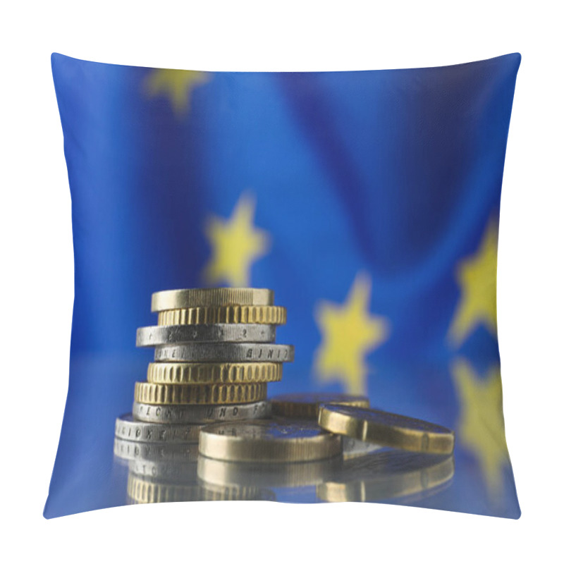 Personality  Coins On Table Against European Union Flag, Closeup. Space For Text Pillow Covers