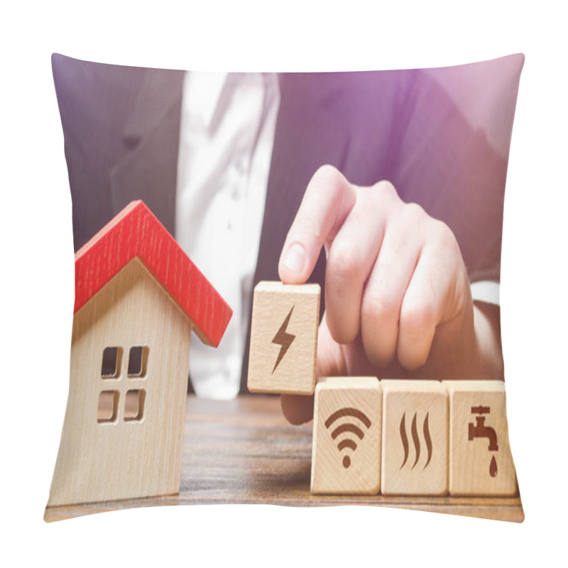 Personality  House With Home Service Utilities Blocks. Installation Of Communications And Conclusion Of Contracts With Supply Companies. Electricity, Water And Gas. Internet Services. Connecting To City Network Pillow Covers