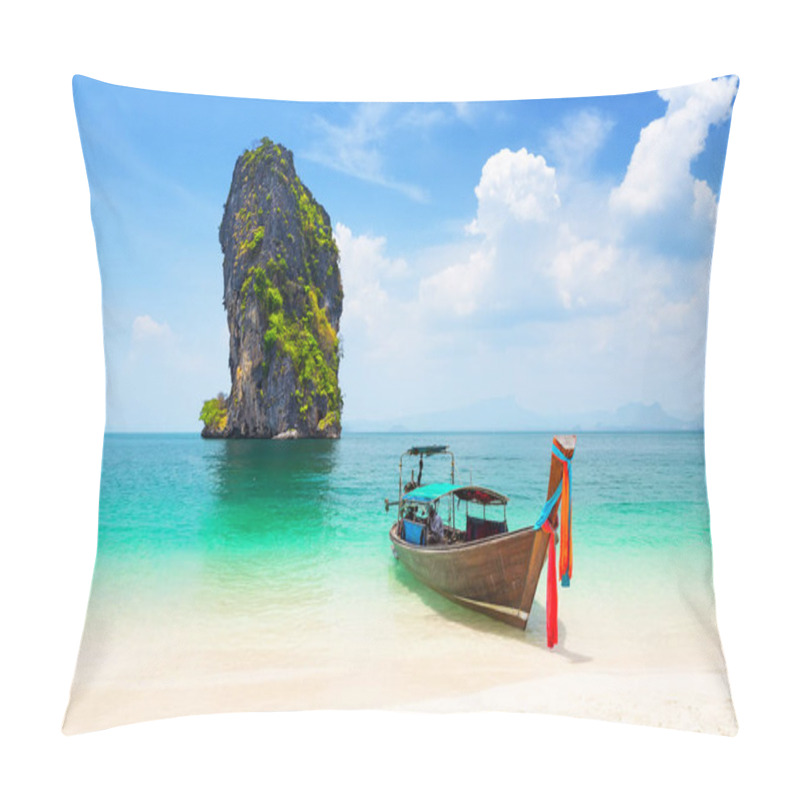 Personality  Thai Traditional Wooden Longtail Boat And Beautiful Sand Beach At Koh Poda Island In Krabi Province, Thailand. Pillow Covers