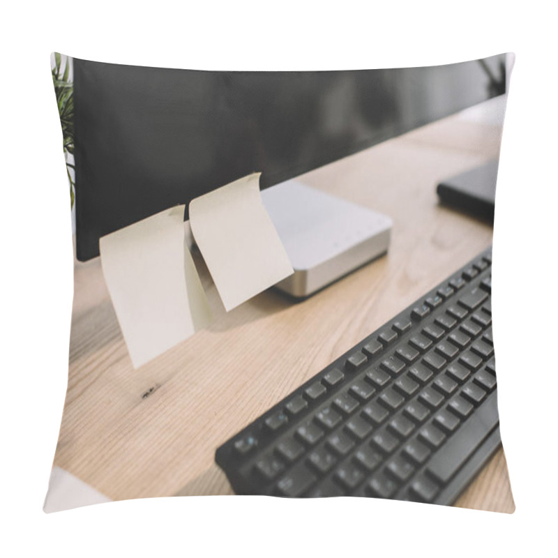 Personality  Close-up Shot Of Computer Screen With Blank Stickers And Keyboard At Modern Workplace Pillow Covers