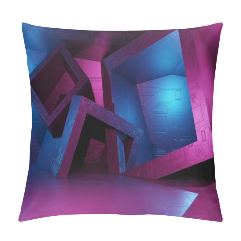 Personality  3D Rendering Abstract Art Sci-fi Background. The Cubic Shape With A Melallic Texture Of Different Sizes Is Random In Space. Light Purple, Blue Neon. Modern Color Trends Fashion Illustration For Bright Pillow Covers