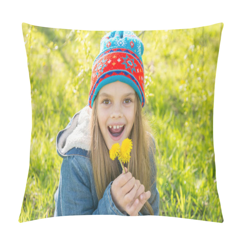 Personality  Seven-year-old Girl In The Spring Is Pleased With The Blossoming Dandelions Pillow Covers