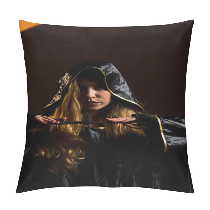 Personality  Mysterious Sorceress Casting Spells With A Wand Under An Enchanting Golden Light.Portrait Of A Witch With A Magic Wand On The Background Of The Moon. Concept Of Magic And Sorcery Pillow Covers