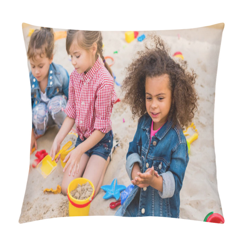 Personality  Selective Focus Of Curly African American Child Playing Wit Friends In Sandbox At Playground  Pillow Covers