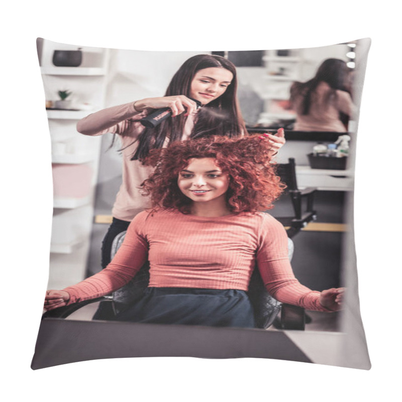 Personality  Delighted Positive Woman Enjoying Her New Hairstyle Pillow Covers