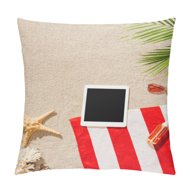 Personality  Top View Of Digital Tablet On Striped Towel On Sandy Beach Pillow Covers