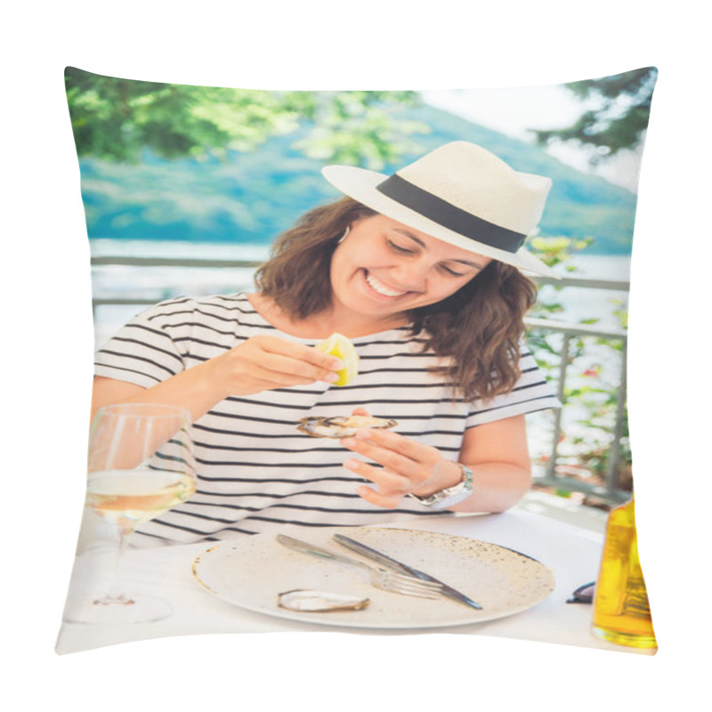 Personality  Woman Eating Oysters In Outdoors Restaurant At Sunny Summer Weather. Lifestyle Pillow Covers