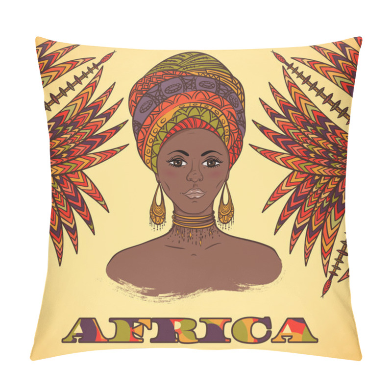 Personality  Beautiful African Woman In Turban And Abstract Palm Leaves With Ethnic Geometric Ornament. Hand Drawn Vector Illustration. Design, Card, Print, Poster, Postcard Pillow Covers