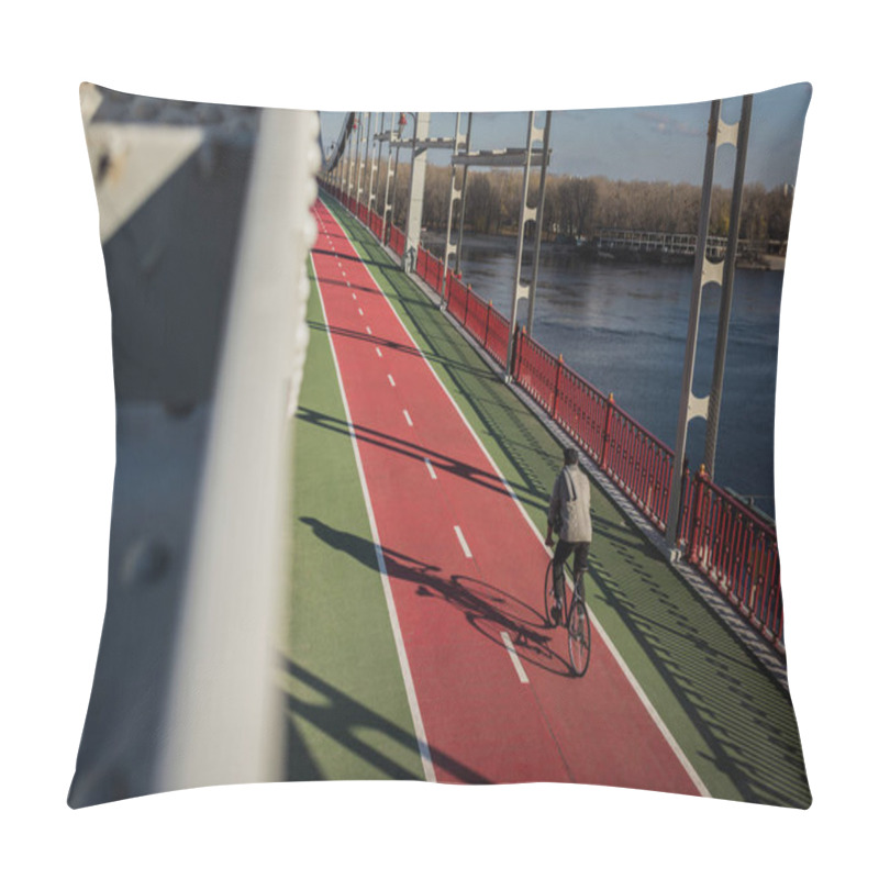 Personality  High Angle View Of Man Riding Bicycle On Pedestrian Bridge Over River Pillow Covers