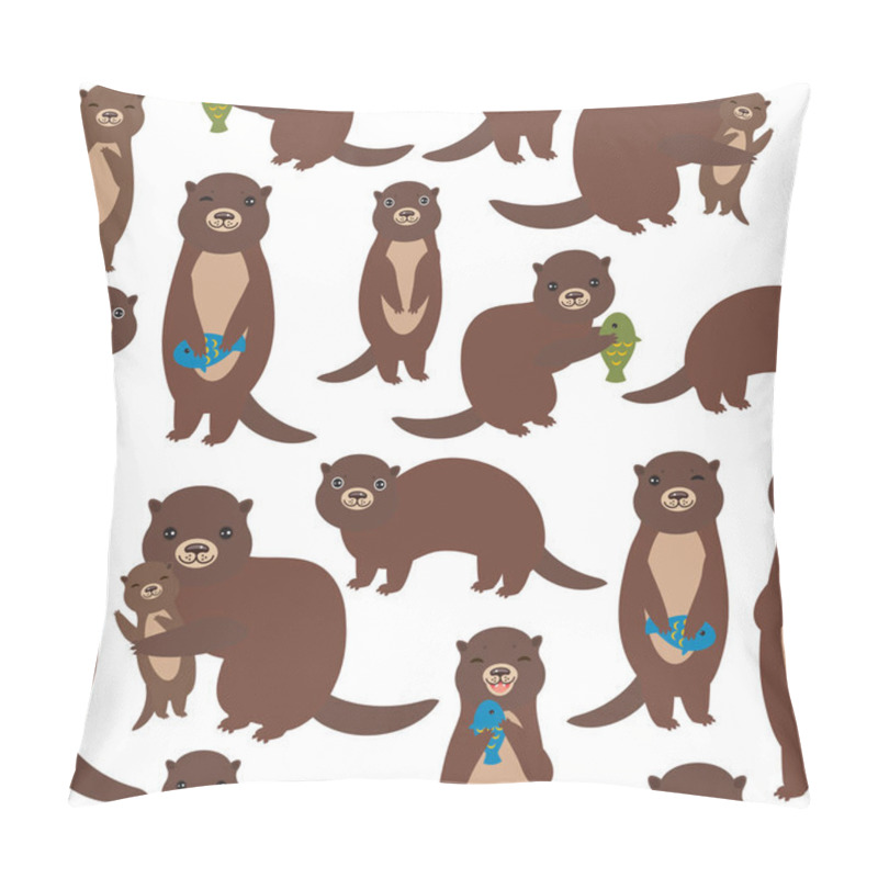 Personality  Seamless Pattern Funny Brown Otters With Fish Isolated On White Background. Kawaii Animals. Vector Illustration Pillow Covers