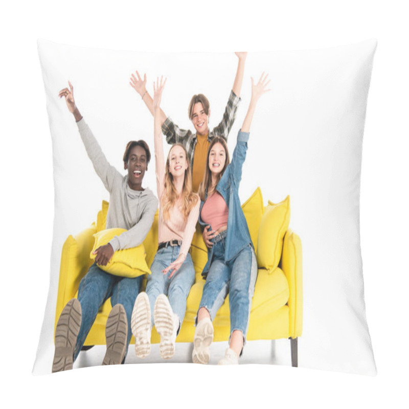 Personality  Positive Multicultural Teenagers Waving Hands And Looking At Camera On Sofa On White Background Pillow Covers