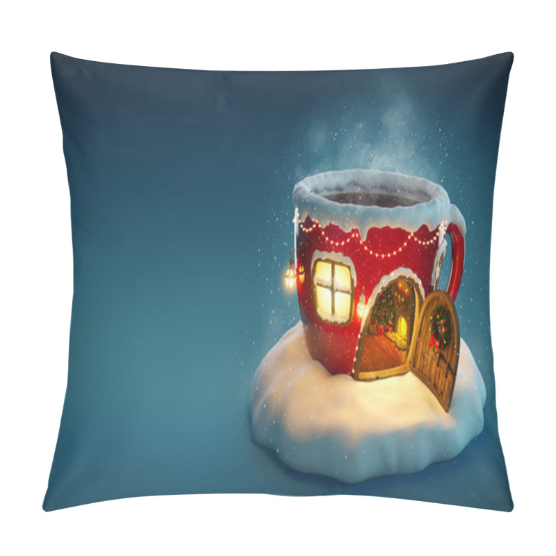 Personality  Amazing Fairy House Decorated At Christmas In Shape Of Tea Cup With Opened Door And Fireplace Inside. Unusual Christmas Illustration. Pillow Covers