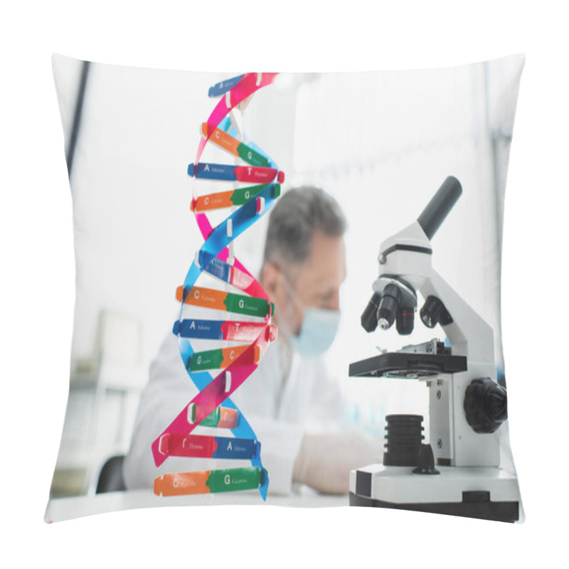 Personality  Dna Model And Microscope Near Blurred Biotechnologist In Medical Mask On Blurred Background Pillow Covers