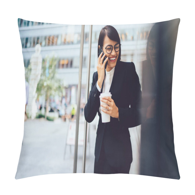 Personality  Portrait Of Prosperous Owner Of Company Spending Coffee Break Talking On Smartphone With Friend.Cheerful Businesswoman In Formal Wear Laughing During Mobile Conversation Outdoors Near Copy Space Area Pillow Covers