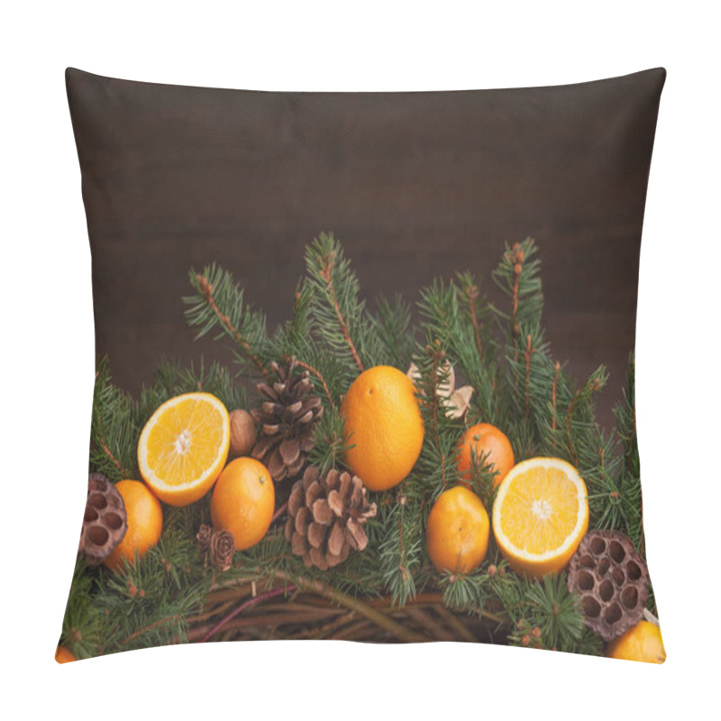 Personality  Fir Tree Branches With Christmas Decoration On Dark Wooden Backg Pillow Covers