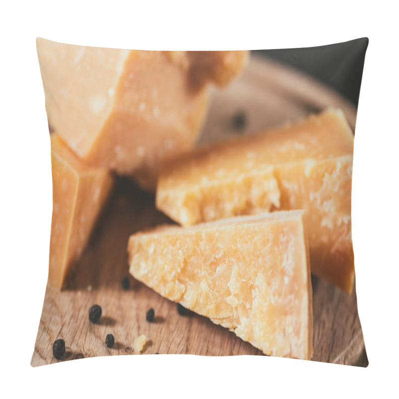 Personality  Close-up View Of Delicious Parmesan Cheese With Peppercorns On Wooden Cutting Board Pillow Covers