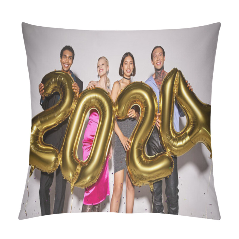 Personality  Multiethnic Group Of Friends Holding Balloons With 2024 Numbers Near Confetti, Happy New Year Pillow Covers