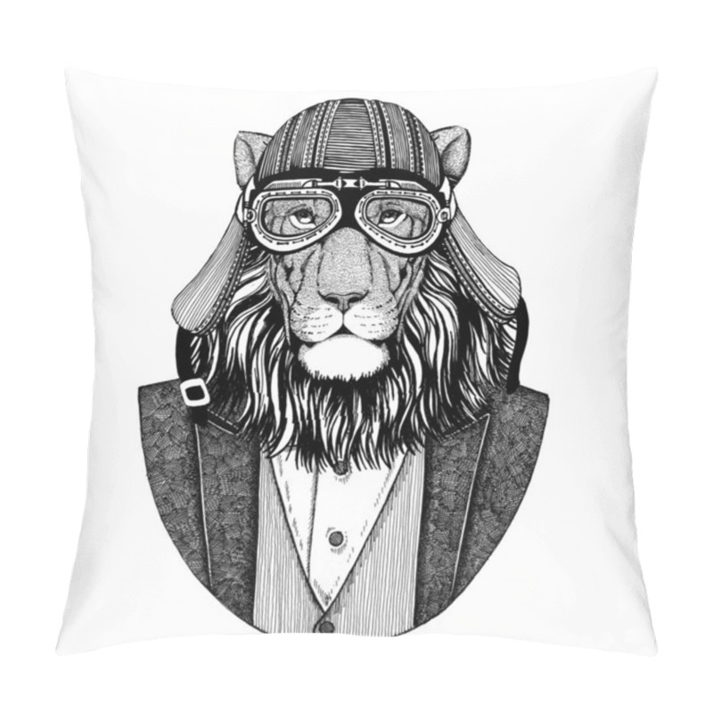 Personality  Wild Cat. Lion. Animal Wearing Jacket With Bow-tie And Biker Helmet Or Aviatior Helmet. Elegant Biker, Motorcycle Rider, Aviator. Image For Tattoo, T-shirt, Emblem, Badge, Logo, Patch Pillow Covers