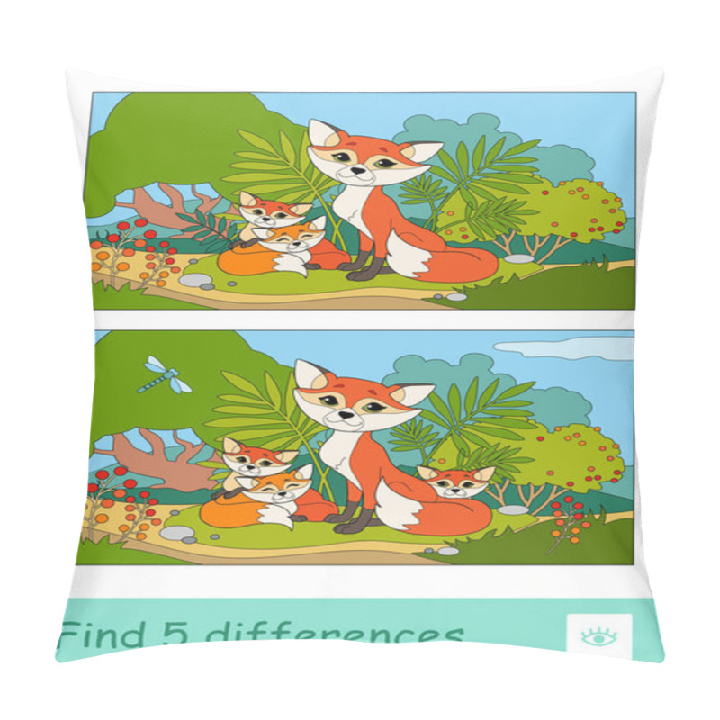 Personality  Find Five Differences Quiz Learning Children Game With Image Of A Mother Fox And Two Baby Foxes Sitting Under The Bush In A Wood. Colorful Image Of Wild Animals Developmental Activity. Pillow Covers