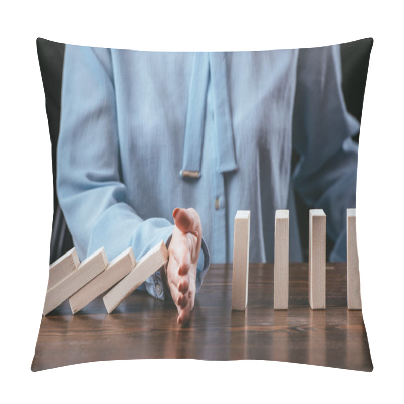 Personality  Cropped View Of Woman Sitting At Desk And Preventing Wooden Blocks From Falling  Pillow Covers