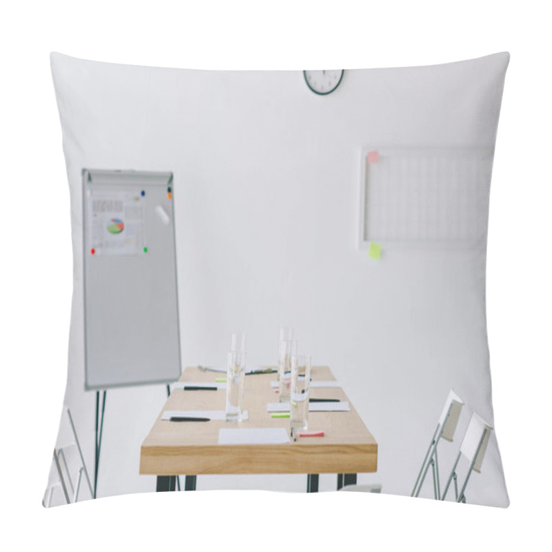 Personality  Selective Focus Of White Board With Graphic, Glasses Of Water And Documents At Workplace In Office Pillow Covers