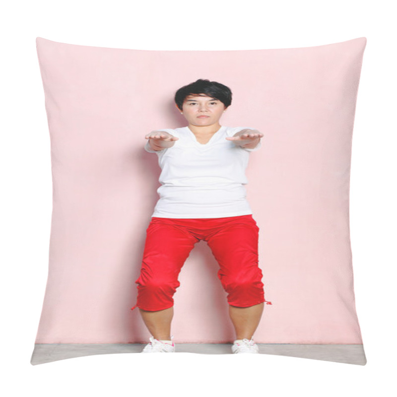 Personality  Asian Woman Doing Squats Over A Pink Wall Pillow Covers